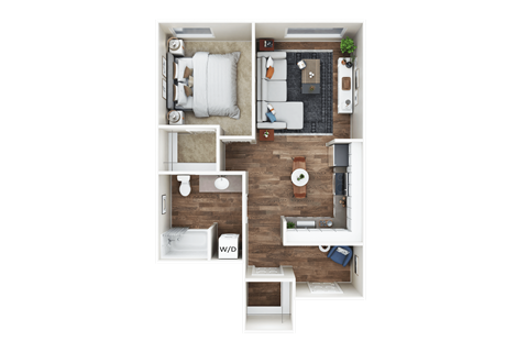 A top-down view of a small apartment with a kitchen, living room, and bathroom.